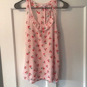 Pink cherry print ruffle tank top